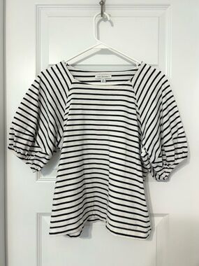 White & Navy Striped Puff-Sleeve Top